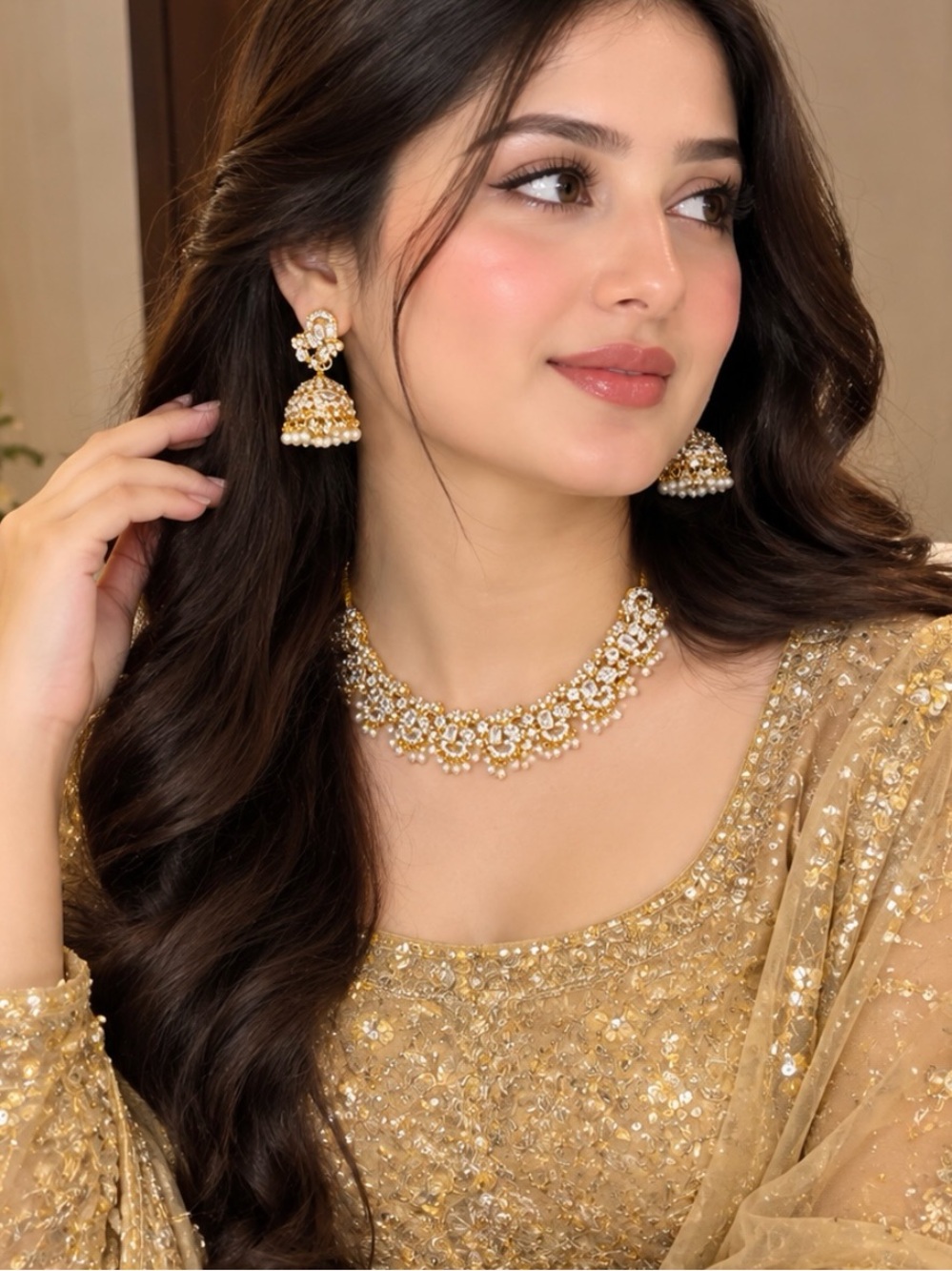 Elegant Gold Pearl Floral Choker Necklace with Jhumka Earrings